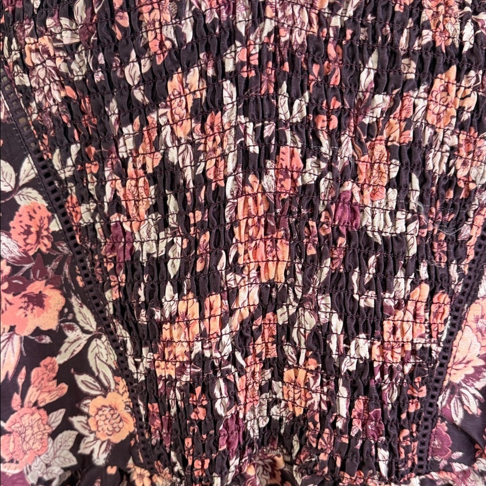 Crimson Peplum Floral V-Neck Blouse with Smocking- Burgundy and Peach - Picture 5 of 6